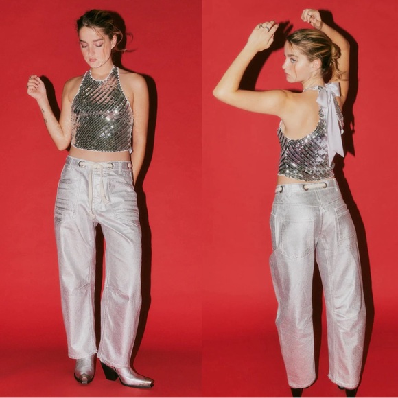 Free People Moxie Metallic Low Slung Drawstring Waist  Barrel Jeans - Picture 1 of 3